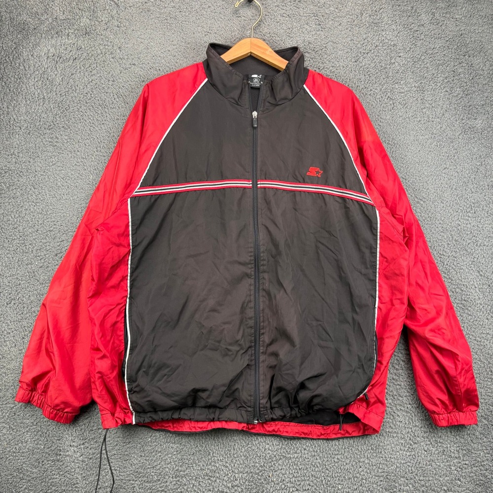 Starter Mens 2XL Windbreaker Track Jacket Black Red Full Zip Colorblock 9941